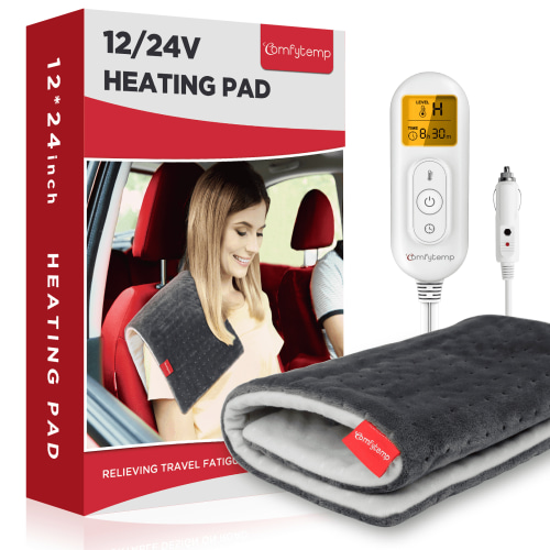 Comfytemp 12V/24V Car Heating Pad for Back, Portable Heated Car Mini Blanket Pad Perfect for Winter Travels, 12''x24'', Gray