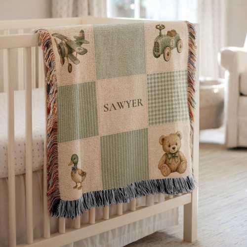 Personalized Vintage Nursery Woven Blanket, Baby Name Blanket, Teddy Bear Blanket, Heirloom Baby Gift, Boy Nursery Decor