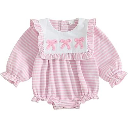 Seyurigaoka Valentine Baby Girl Outfit Heart Embroidery Long Sleeve Pink Romper Newborn Valentines day Bodysuit 0-18M