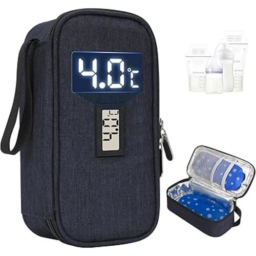YOUSHARES Breastmilk Cooler Case - Breast Milk Cooler Travel Bag, Real-Time Temperature Display, Holds 4-6 Breastmilk Storage Bag with 2 Breast Milk Ice Pack for Moms on The Go(Navy)