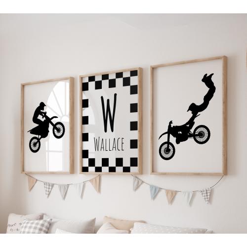 Custom Motocross Prints, Set of 3 Dirt Bike Nursery Wall Art, Boho, Baby Boy Nursery Decor, Watercolor Motorcycle, Personalized Name Sign