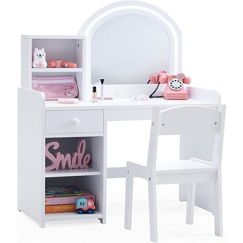Kids Vanity with Lights, Princess Vanity Set with Drawer and Storage Shelves, 2 in 1 Toddler Makeup Vanity with Lighted Mirror, Girls Vanity Set with Stool for Little Girls (White)