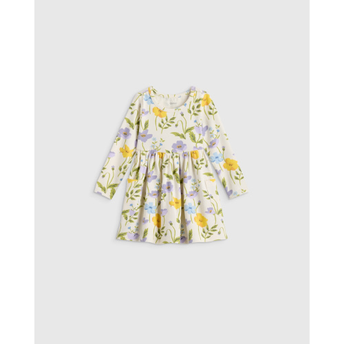 Organic Cotton Long Sleeve Fit and Flare Pocket Dress - Baby Girl in Cat Faces