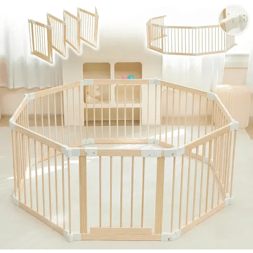 Baby Playpen, Playpen for Babies and Toddlers, Foldable Wooden Play Yard with Gate, Adjustable Baby Activity Center with Child Proof Lock, Fence Play Area for Toddlers 1-3（56 * 56 * 24inches）