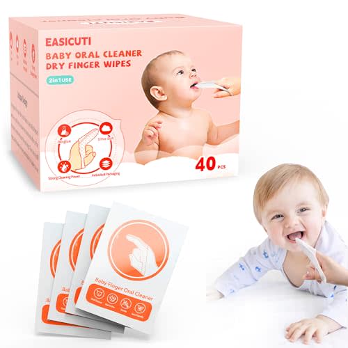 EASICUTI 40Pcs Baby Finger Toothbrush, Dry Wipes Baby Toothbrush, Baby Tongue Cleaner, Newborn Tooth and Gum Wipes, BAB y Oral Cleaner, Infant Toothbrush Mouth Clean for 0-36 Month