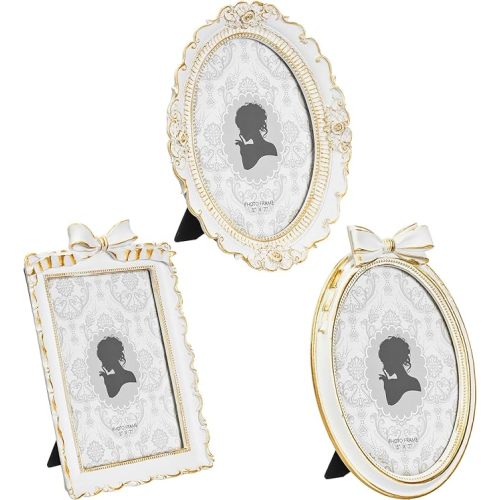 Vicenpal 3 Pcs Tiny Picture Ornate Frames Small Vintage Oval Picture Frames Gold Vintage Baroque Ornate Antique Resin Frame Table Top Display Frame for Home Wedding Decor(5 x 7 Inch,White)