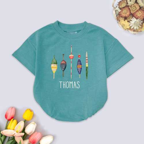 Personalized Fishing Bubble Romper for Boys, Watercolor Bobbers with Name Outfit, Kids Summer Vacation Baby Bodysuit, Birthday Outfit Gift