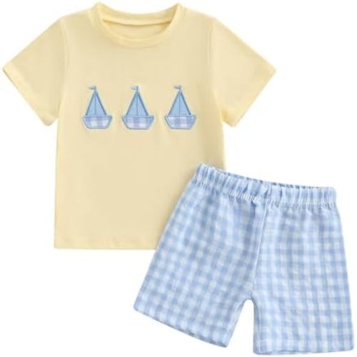 Toddler Baby Boy Sailboat Outfit Boating Sailing Embroidery Cotton T-Shirt Plaid Shorts Set Little Boy Summer Clothes