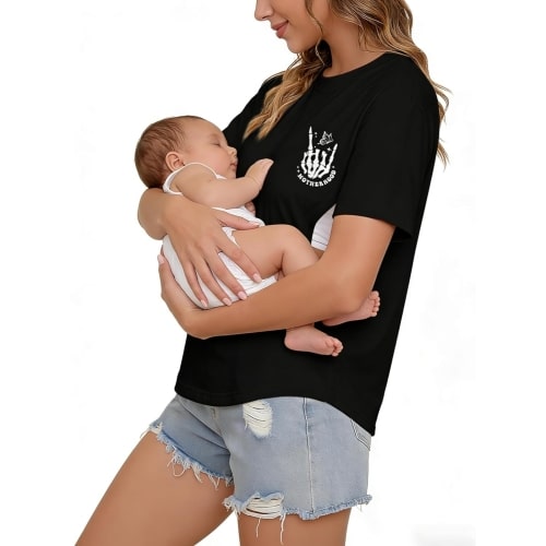 UNIQUEONE Comfort Breastfeeding Shirts for Women Zip Nursing Tops Casual Distressed Acid Washed Maternity Tees