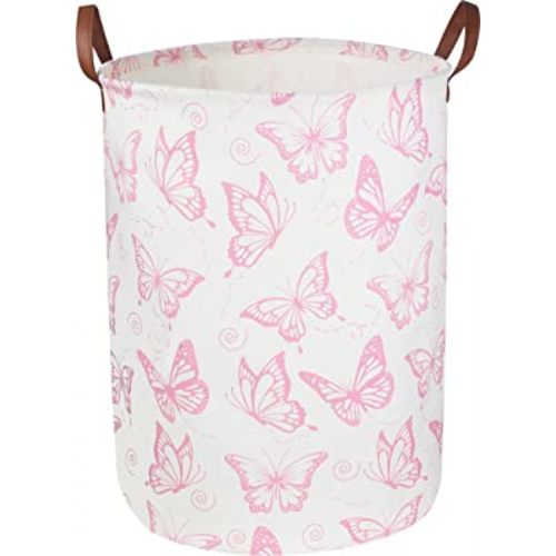 CLOCOR Pink Laundry Basket,Waterproof Nursery Hamper for Baby Girl ,Collapsible Storage Baskets for Girls Bedroom,Kids Toys Storage Bin,Room Decor,Gift Basket（Pink Butterfly