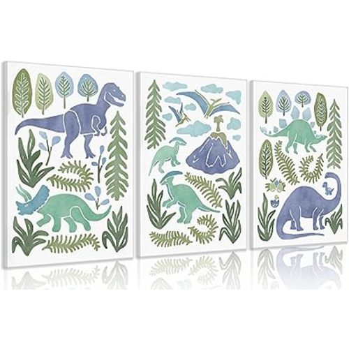 Baby Boys Nursery Wall Art Blue Green Dinosaur Pictures Wall Decor Stegosaurus T-Rex Triceratops Pterodactyl Posters Artwork Watercolor Dino Painting Canvas Prints for Kids Room Toddler Boy Room Decor