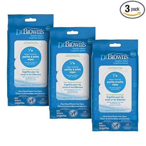Dr. Brown's Bottle and Pacifier Healthy Wipes, Safely Clean Bottles, Baby Items, and Feeding Essentials, Hypoallergenic, 40 count, 3-Pack (Packaging May Vary)