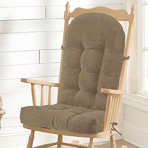 Rocking Chair Cushion - Chenille Fabric, High-Density Sponge, Durable Comfort Non-Slip Bottom Tufted Seat Pads with Ties, Chenille︱Brown, 44x19x4 inch