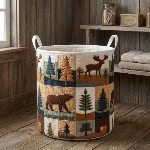 Forest Quilted Laundry Basket, Woodland Storage Hamper, Foldable Fabric Organizer
