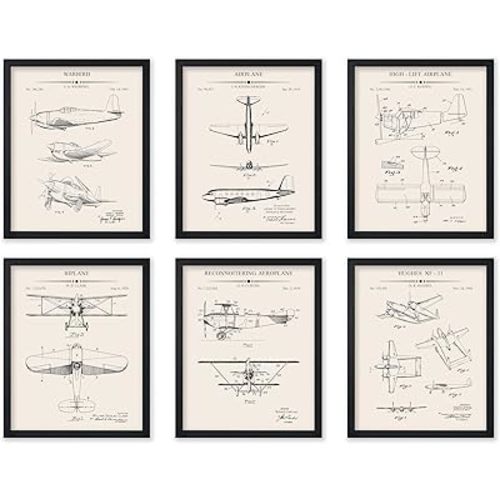 Monem Art 6-Piece Vintage Aviation Blueprint Poster - Airplane Patent Print - Aircraft Art - Aviation Art - Biplane Art - Warbird Art - Great Office or Living Room Decor - 8x10 UNFRAMED Wall Art
