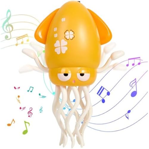 Dancing Octopus Toy for Babies-Electric Crawling Squid with Music & LED Lights, Smart Obstacle Avoidance, USB Rechargeable Baby Tummy Time Toy, for 0-6 Year Old Kids Gift(Yellow)
