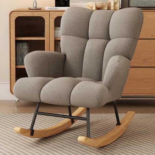 VIRRMO Glider Rocking Chair Nursery, Comfy Accent Chair Armchair with High Backrest Teddy Soft Upholstered Living Room Chairs for Reading Bedroom Living Room Home Offices Nursery (Khaki)