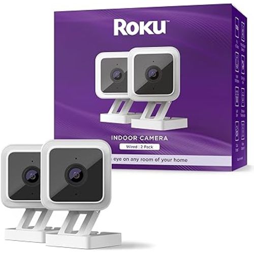 Roku Indoor Camera for Home Security, 2-Pack - Wired Security Camera with 1080p HD Color Night Vision, Compatible with Alexa & Google, Motion & Sound Detection, Built-in Siren (Renewed)