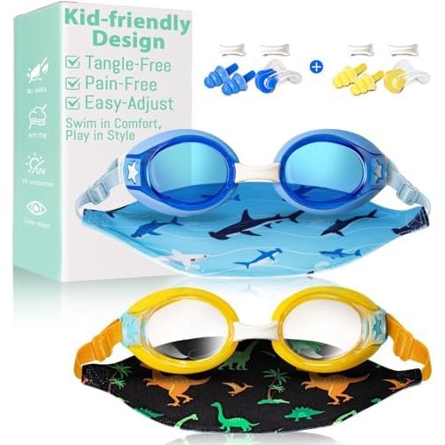 Pixel Panda 2 Pack Kids Swim Goggles with Fabric Strap for 3-14 Anti-Fog Anti-UV, No Leak No Hair Pulling Swimming Goggles