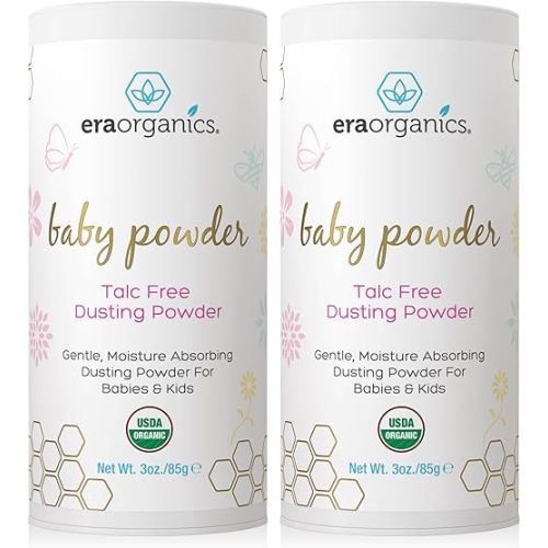 Era Organics Talc-Free Organic Baby Powder - USDA Organic Dusting Powder with Arrowroot, Calendula and Cornstarch for Newborns, Babies or Toddlers - Soothing, Fragrance Free (3oz/85g) - 2 Pack