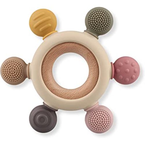 Baby Teething Toys, Silicone Chewable Rings with Organic Wooden, Natural Wooden Ring & Silicone Teething Toys for Newborn, 3+ Months (6 Directions, Khaki)