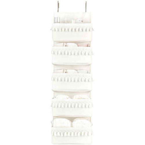 Rebrilliant Over The Door Organizer Boho Nursery Storage Decor Closet Hanging Organizer With Tassels Decoration For Bedroom Nursery Bathroom Apartments Dorm Pantry, 5 Pockets, White | Wayfair