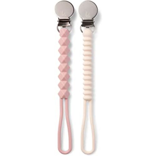 BooginHead Silicone Pacifier Clip Baby Pacifier Holder, 2-Pack, Rose & Cream