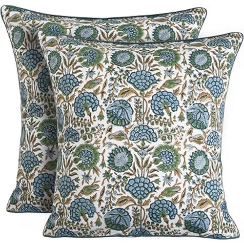 Ridhi Asparagus Green Print Cotton Throw Pillow Covers for Decorative Couch Pillows for Living Room, Chic Boho Cute Outdoor Thanksgiving Pillows Covers Gifts 18x18 Inches
