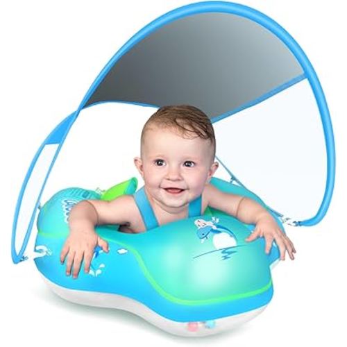LAYCOL Baby Swimming Float Inflatable Baby Pool Float Ring with Sun Protection Canopy,add Tail no flip Over for Age of 3-36 Months