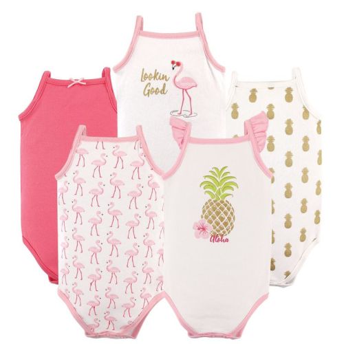 Hudson Baby Infant Girl Cotton Sleeveless Bodysuits 5pk, Pineapple, 3-6 Months