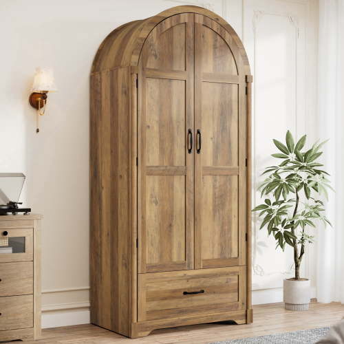 Arched Armoire Wardrobe with LED Sensor Light & Mirror, 2-Door Wardrobe Closet with Drawers, Rustic Farmhouse Bedroom Armoire Clothing Storage Cabinet with Hanging Rod