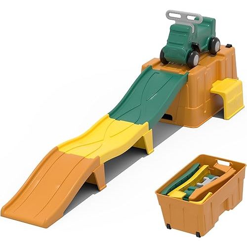 Up & Down Roller Coaster，Kids Ride On Toy，Toddler Push Car with Assembled Race Track & Storage Base Box, Indoor Outdoor Playset