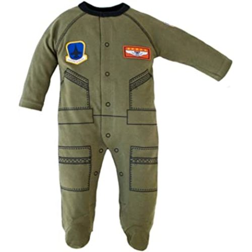 Baby Boys Aviator Flight Suit "Future Pilot" Sleeper 0-12 Mo Olive W Black Trim (0-3 mo)