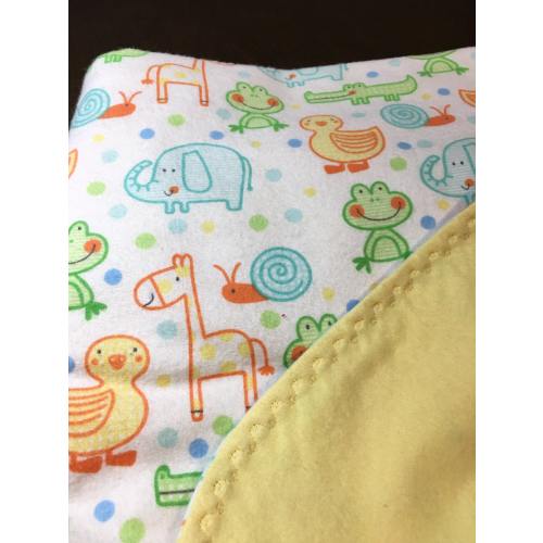 Yellow Blue & Green Reversible Flannel Receiving Blanket with Giraffes, Frogs, Ducks, Elephants and Snails ex large 29 x 39 1/2" Shower Gift