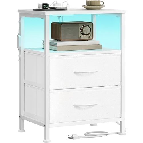 SONGMICS BELLAH Collection - Nightstand with Charging Station and App-Controlled Adjustable LED Lights, Bed Side Table, 2 Drawer and 1 Open Shelf, Bedroom, Cloud White and Snow White ULGS302WH01S
