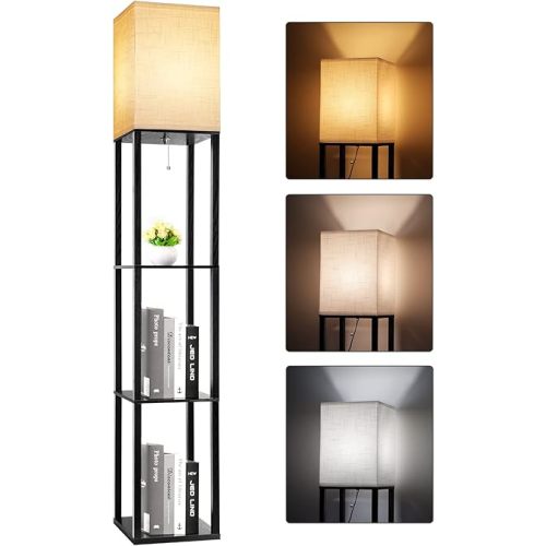 RUNTOP 3-Shelf Floor Lamp with LED Bulbs - Modern Standing Display Shelf Lamp for Living Room, Bedroom and Office (Black)