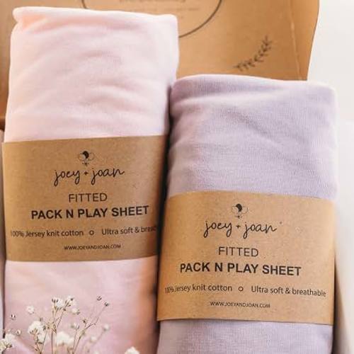 Joey + Joan Pack and Play Sheets Fitted – Compatible with Graco Pack n Play Playard Crib and Other 27 x 39 Inch Playpen Mattress – Buttery Soft 100% Cotton – Pale Pink + Lilac – 2 Pack
