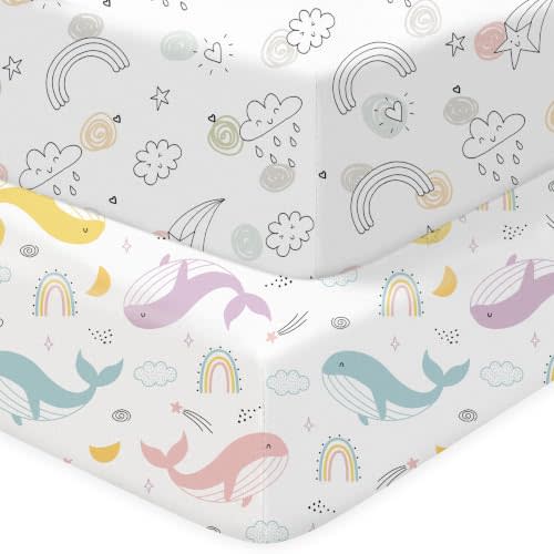 Baby Crib Sheets 2 Pack for Boys and Girls Fit for Standard Crib Toddler Mattress Breathable Soft Microfiber Baby Sheet 28x52x8in (Rainbow Lines & Colorful Whale)