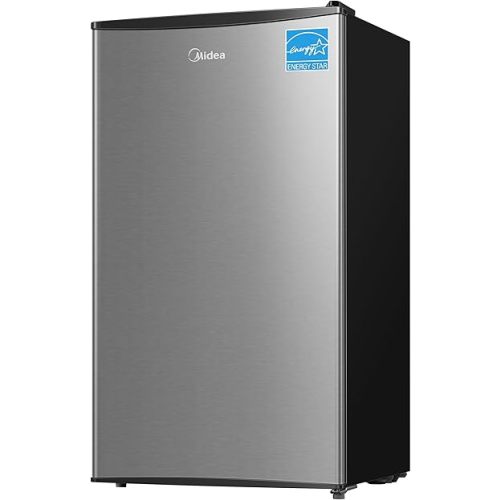 Midea MERM33S1AST Mini Fridge, 3.3 Cu.ft Compact Fridge with Internal Light, Adjustable Thermostat, Reversible Door, Low Noise for Dorm, Office, Bedroom, Stainless Steel