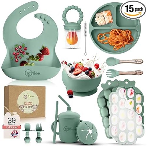 O'doe Baby Weaning Set – 15 Pcs Silicone Baby Feeding Set with Suction Plate, Bowl, Bib, Sippy Cup, Fruit Feeder & Freezer Tray – Baby Plates and Bowls Set for 3M+ | BPA-Free Baby Dishes & Utensils