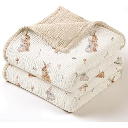 lulumoon Muslin Baby Blanket for Unisex - Soft Cotton Receiving Blanket for Infant - 4 Layer Reversible Breathable Crib Bedding for Stroller and Nursery Decor 47"x47" (Bunny)