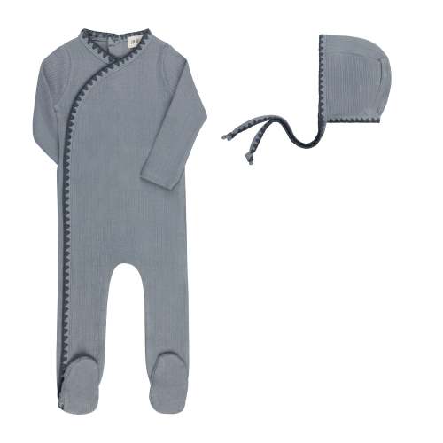 Ely's & Co. Baby Boy Footie & Bonnet – Blue – Whipstitch - Baby Boy Footie & Bonnet – Blue – Whipstitch