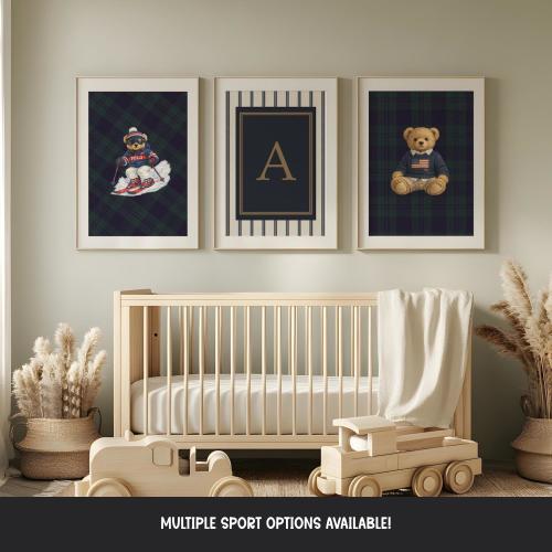 Personalized Ralph Lauren Inspired Nursery Wall Art Set of 3 | Preppy Classic Polo Teddy, Custom Initial & Sports Bear Print
