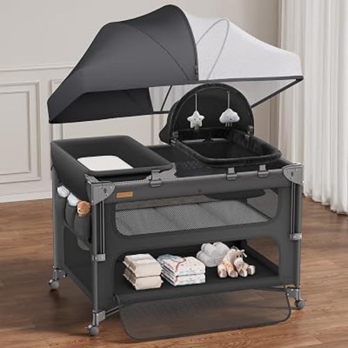 ANGELBLISS Baby Bassinet Bedside Crib, 5-in-1 One-Push Instant Fold Pack and Play with Changing Table, Napper Bassinet, Mattress & Mosquito Net, Portable Playard for Newborns to Toddlers