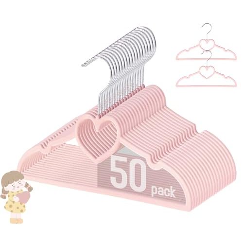 GOSCHE Baby Velvet Hangers 50 Pack, 11 inch Non Slip Kids Hanger for Infant & Toddler Clothes, Durable Ultra-Slim Closet Organizers, Pink, 50 Pack