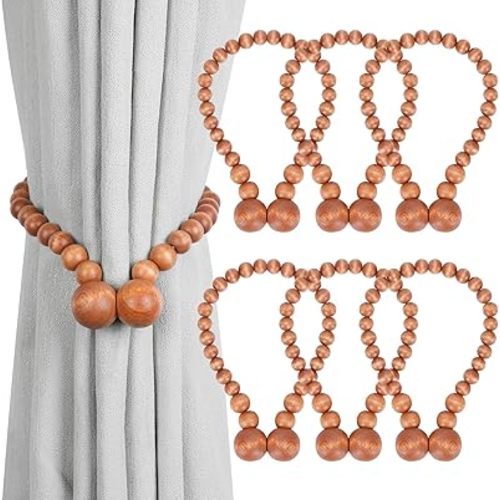 KLOGTSIND Magnetic Curtain Tiebacks, Curtain Tie Backs for Curtains 6 Pack, Wood Bead Curtain Tiebacks, Curtain Holders for Boho Bedroom Decor, Baby Nursery Decor, Farmhouse Decor
