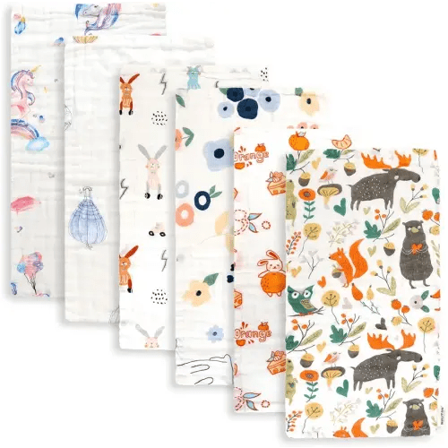 Maliton Muslin Burp Cloths for Baby Girl 6 Pack Large 20''x10'' 100% Cotton Burp Rags Absorbent and Soft 6 Layers Muslin Cloth Baby Boy Newborn Essentials Must Haves(Fairy Tale, Pack of 6)