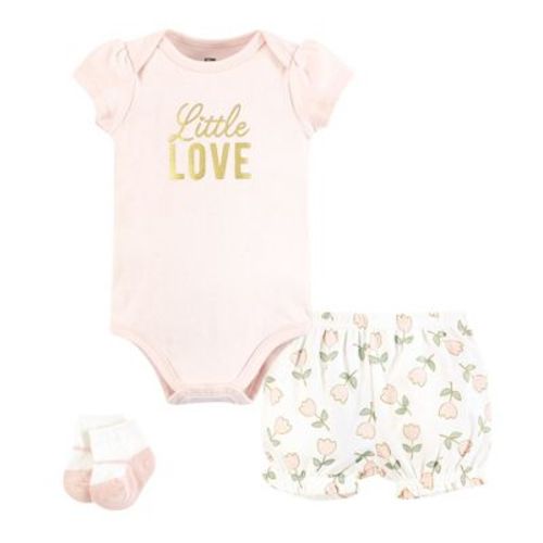 Hudson Baby Infant Girls Bodysuit, Short and Sock, Soft Pink Basic Tulip