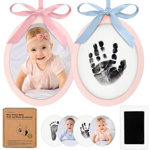 Inkless Baby Hand and Footprint Kit - Two-Sides Baby’s First Christmas Ornament Footprint Kit,Personalized Baby Gifts Photo Frame,Cute Newborn Keepsake for Nursery Decor,New Mom Gifts(Oval/Petal Pink)