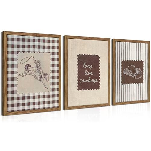Western Wall Art Set of 3, Vintage Long Live Cowboy Canvas Wall Decor Paintings, Retro Striped Southwestern Artwork Prints Pictures for Nursery Bedroom Living Room 12x16 Inch Wood Framed